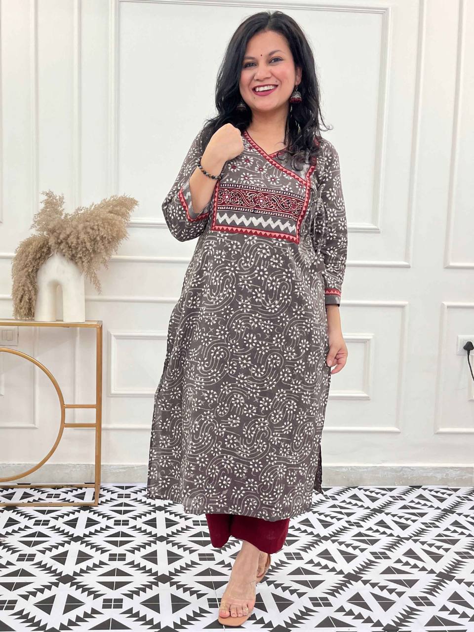 Ghoomar Latte Brown Kutch Mirror Neck Work Angrakha Cotton Kurti-D5