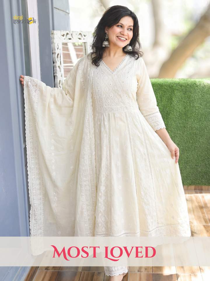 Millie Cream White Anarkali Mul Cotton 3 Piece Set