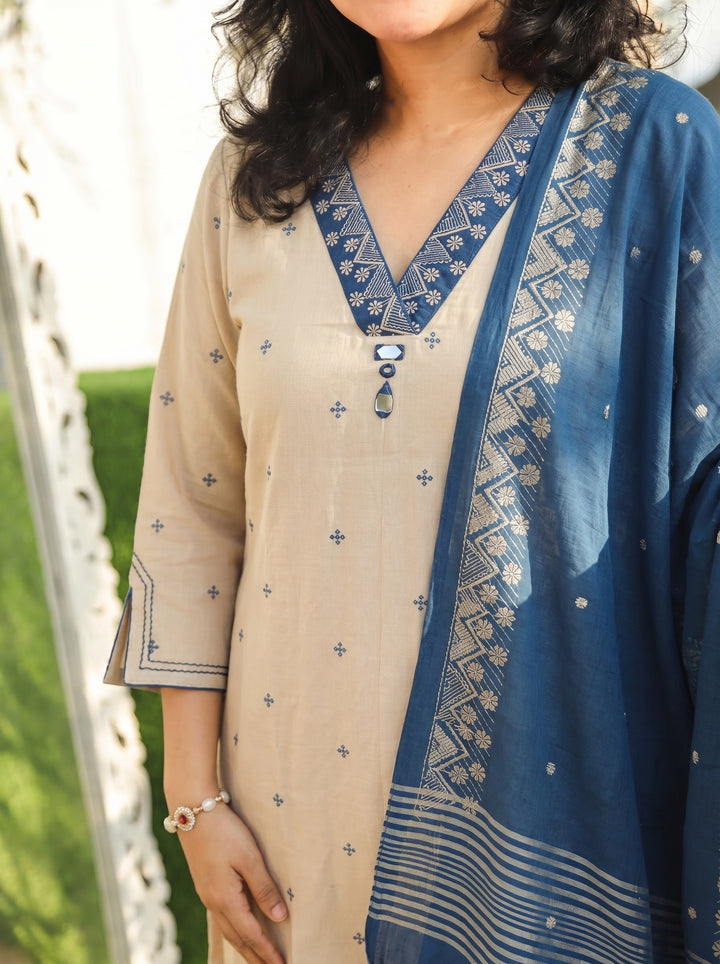 Emily Beige with Blue Weaved South Cotton 3 Piece Set