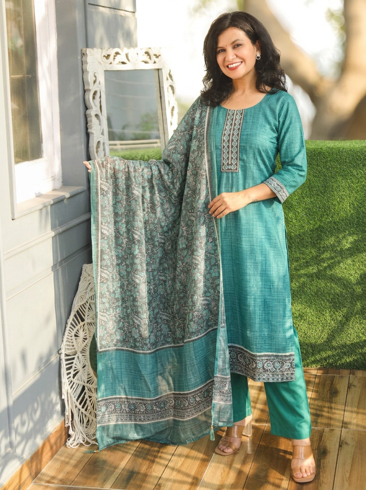 Sushma Aqua Turq Mirror Work Patch Raw Silk 3 Piece Set