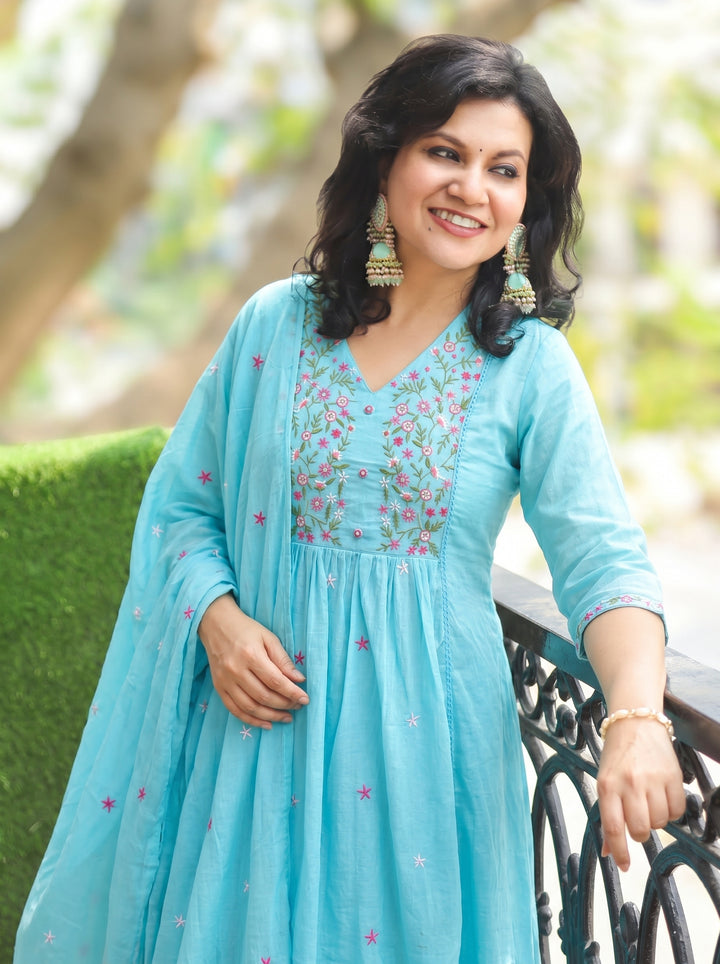 Jannat Aqua Blue Embroidered 3 Piece Set