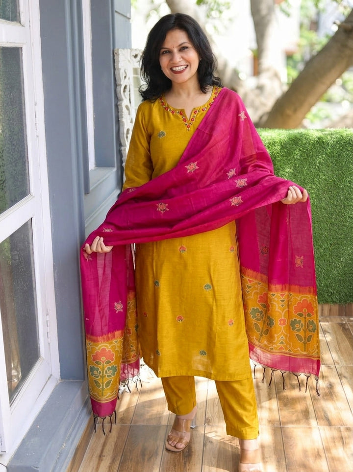 Vasudhra Dijon Yellow Floral Jamdani 3 Piece Set