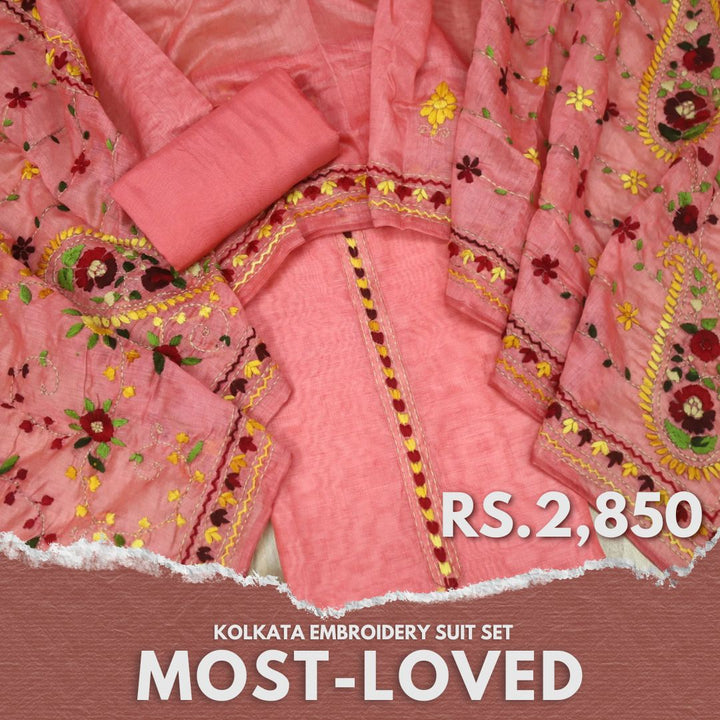 Ranjish Blush Pink Thread Work with Kantha Chanderi Suit Set