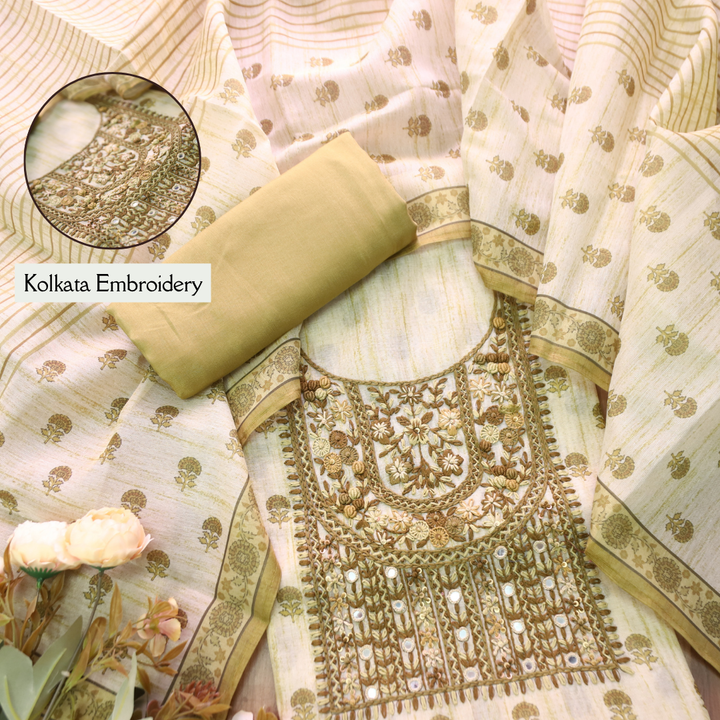Radhi Olive Yellow Kolkata Emnroidered Shimmer Tissue Linen Set