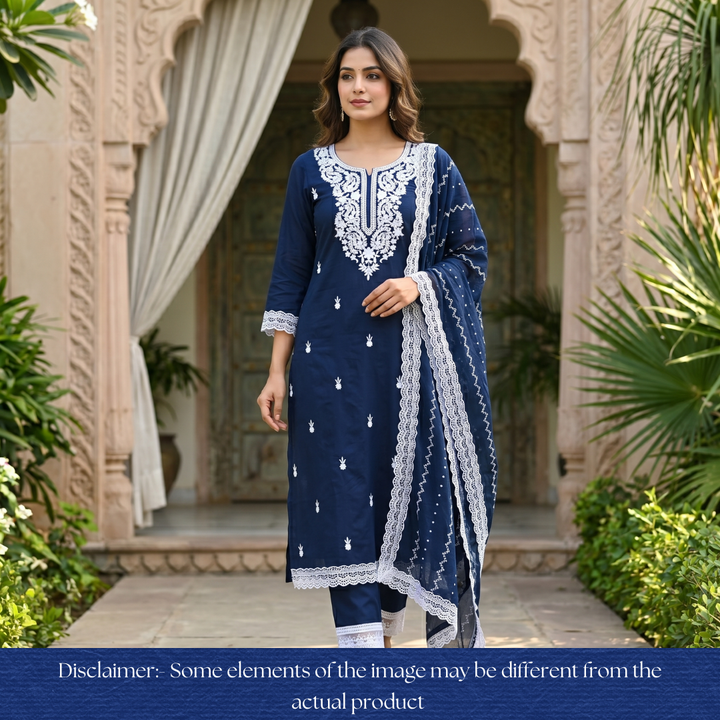 Apurva Navy Blue Chikankari inspired Thread Neck Work Cotton Suit Set