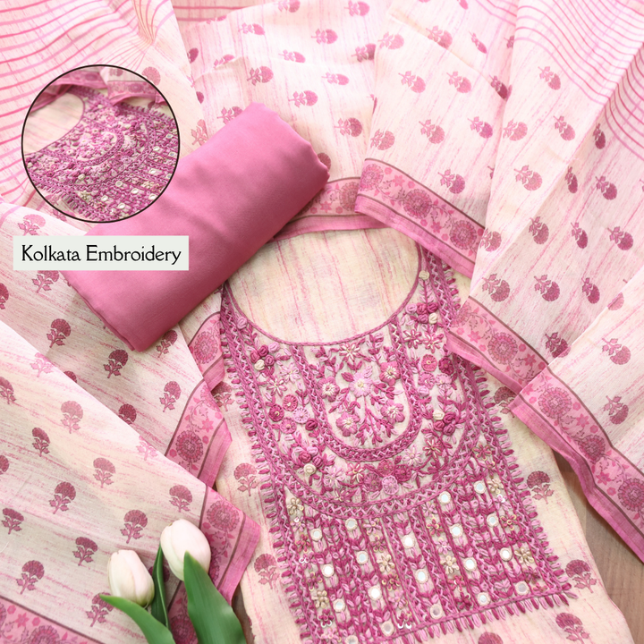 Radhi Magenta Pink Kolkata Emnroidered Shimmer Tissue Linen Set