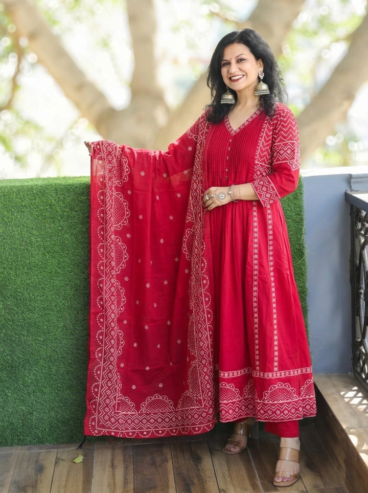 Rashi Rani Pink Bandhani Gathered Cotton 3 PIece Set