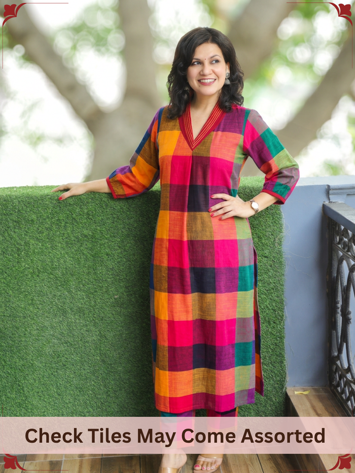 Madhura Pink Multi Color Madras Check South Cotton Co-ord Set