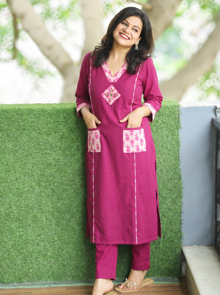 Rimjim Magenta Purple Panel Style Dabu Cotton Kurti