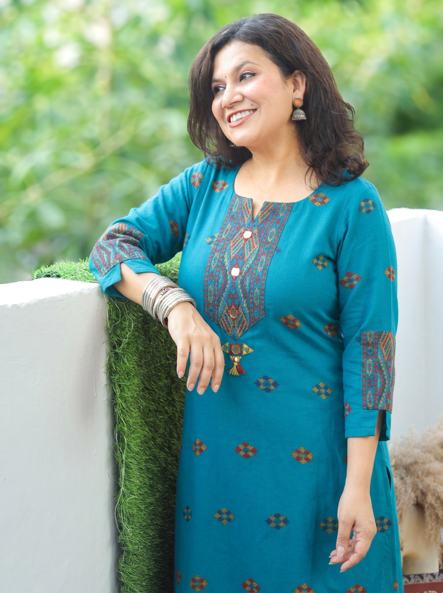 Shachi Aqua Blue Mirror Work Kullu Semi Woolen Winter Kurti