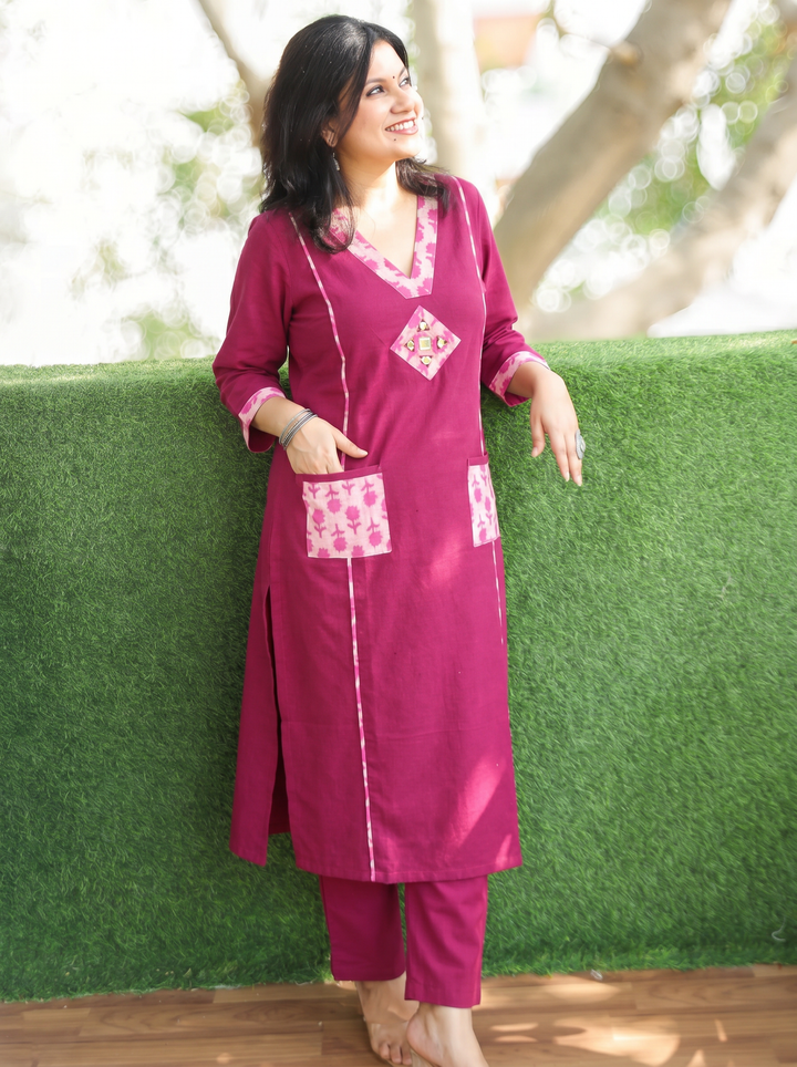 Rimjim Magenta Purple Panel Style Dabu Cotton Kurti
