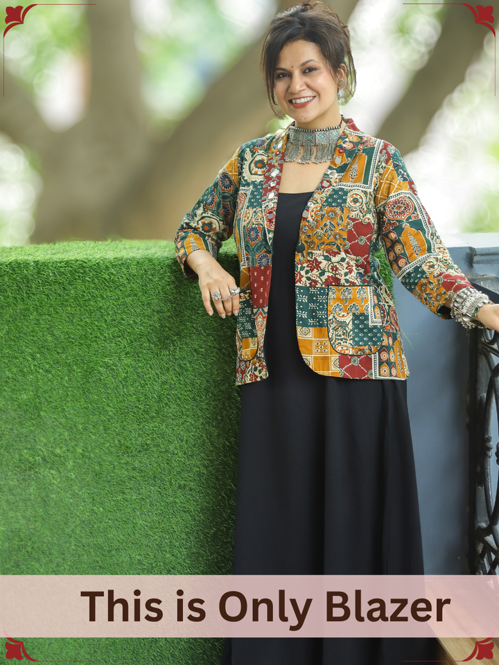 Selena Multicolor Mirror Work Ajrak Print Cotton Blazer