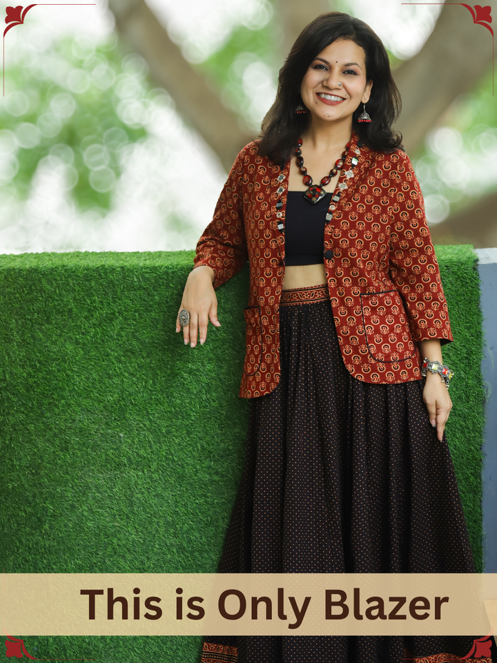 Selena Red Mirror Work Ajrak Print Cotton Blazer