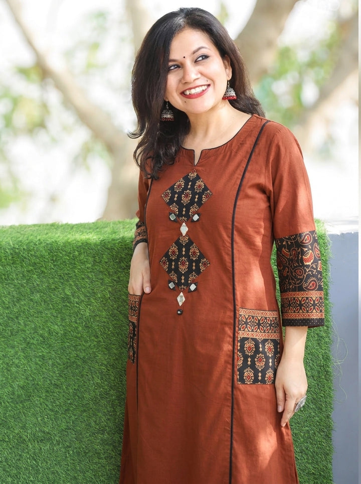 Karishma Burnt Rust Ajrakh Patch with Mirror Panel Style Cotton Co-ord Set