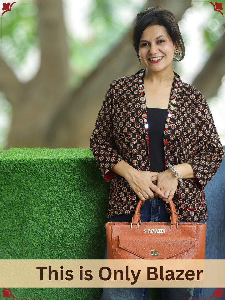 Selena Ebony Black Mirror Work Ajrak Print Cotton Blazer
