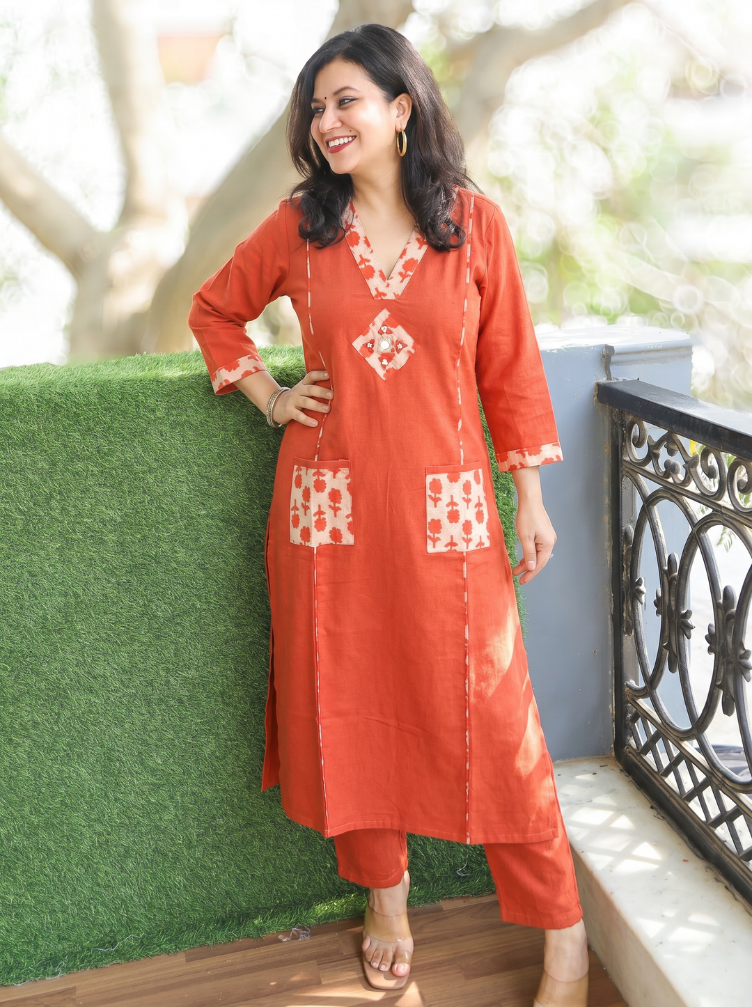 Rimjim Rust Orange Panel Style Dabu Cotton Kurti