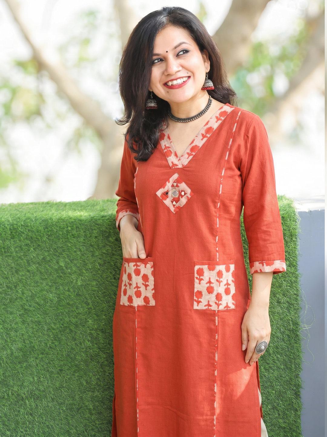 Rimjim Rust Orange Panel Style Dabu Cotton Kurti