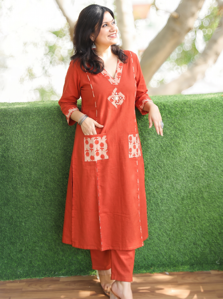 Rimjim Rust Orange Panel Style Dabu Cotton Kurti