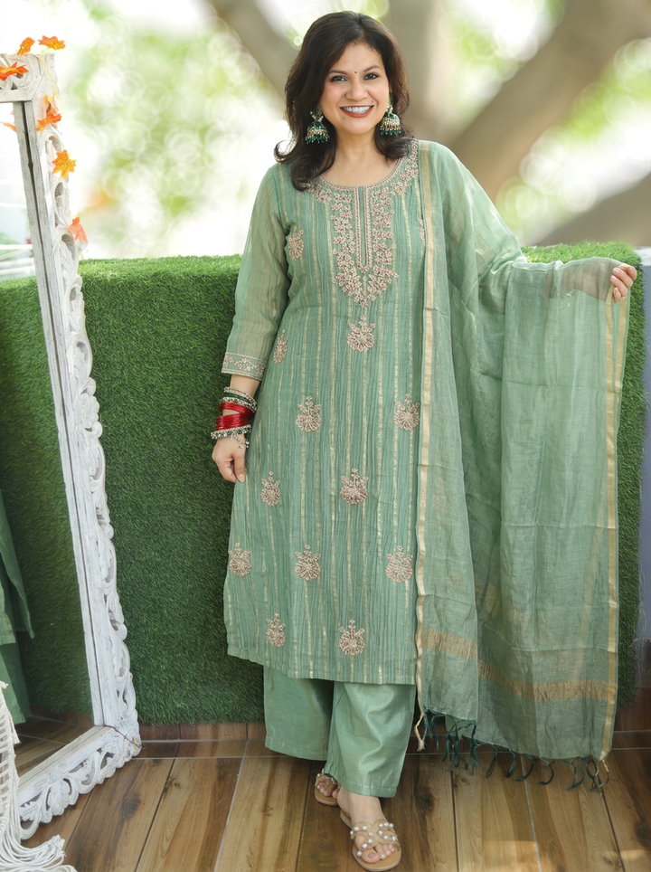 Dakshni Seaform Green Zari Work Crinkle Shimmer Tissue 3 Piece Set