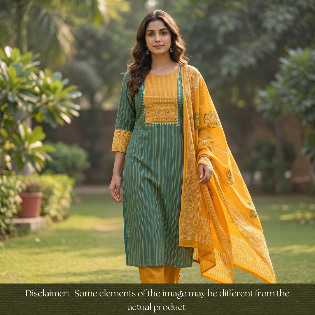 Bansi Pine Green Batik Printed Yoke in Weaved Cotton Set