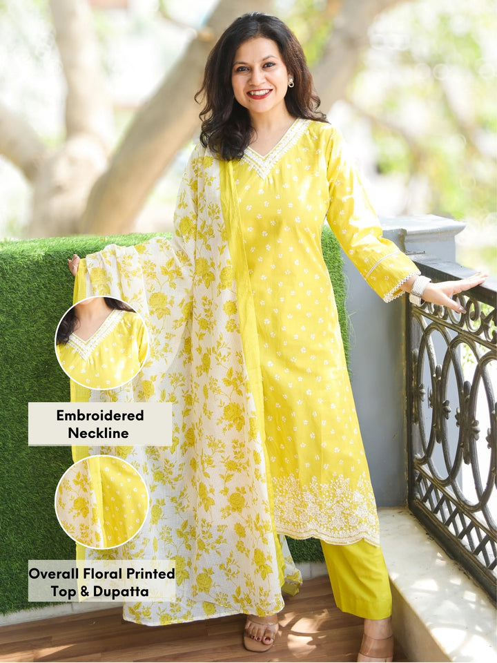 Chanda Butter Yellow Embroidered V Neckline Floral Print Cotton 3 Piece Set
