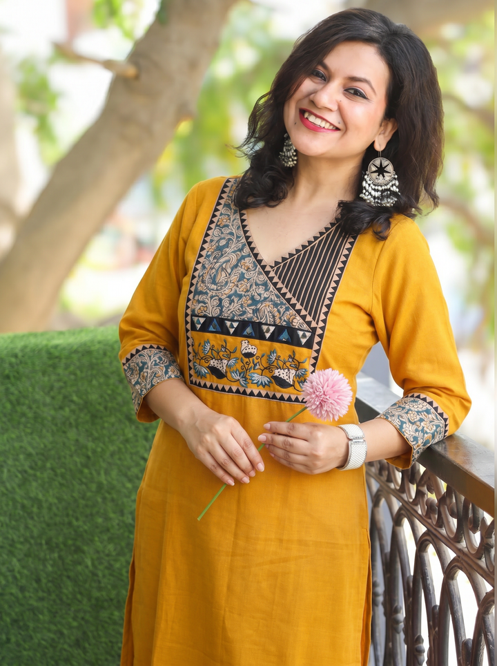Sayami Yellow Kalamkari Angrakha Cotton Kurti