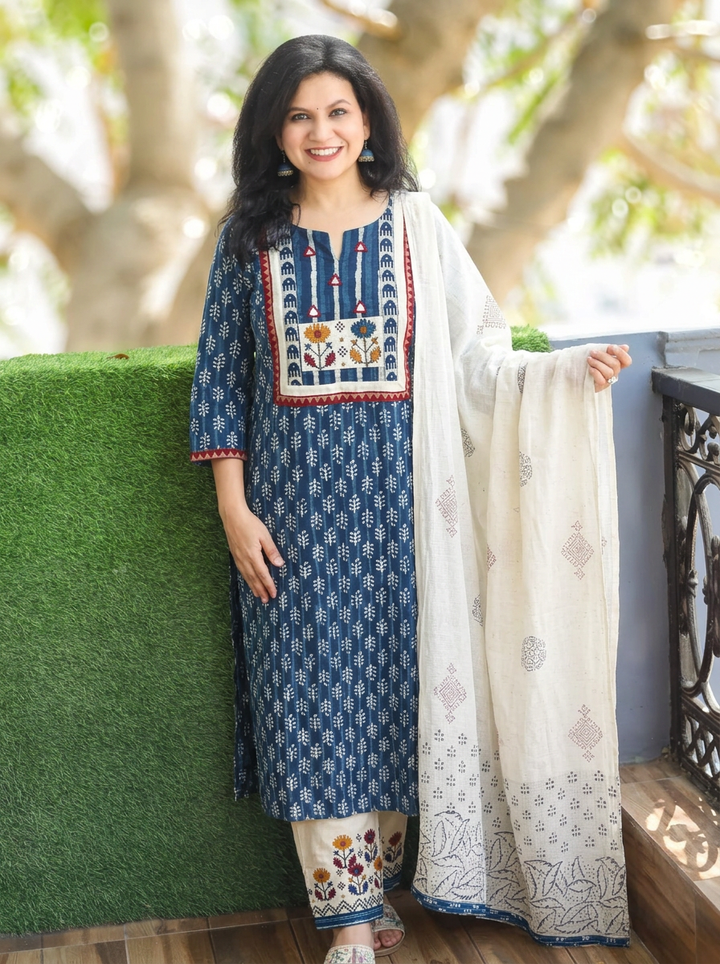 Rupali Indigo Blue Dabu Printed 3 Piece Set D1