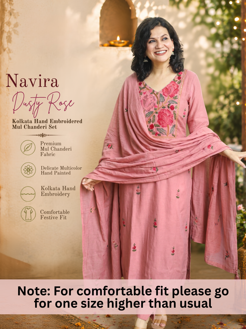 Navira Dusty Rose Kolkata Hand Embroidered 3 Piece Set