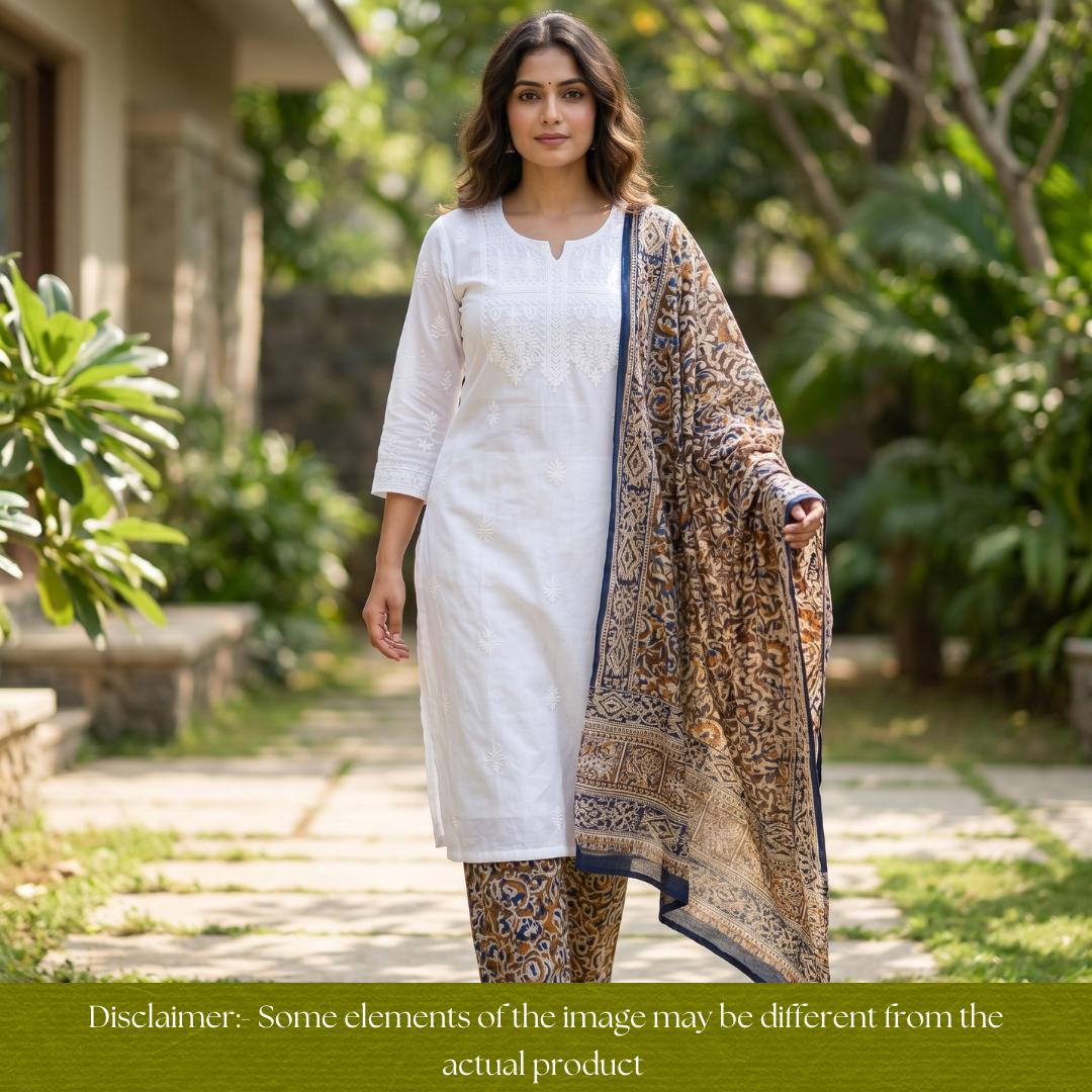 Khushi Beige Top with Olive Green Kalamkari Printed Dupatta Set