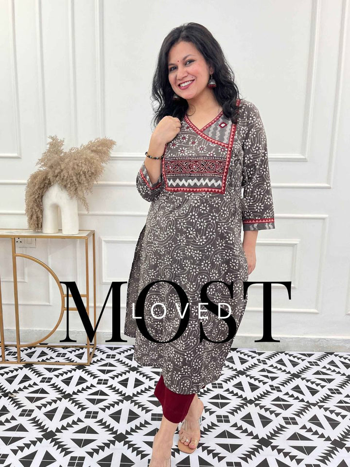 Ghoomar Latte Brown Kutch Mirror Neck Work Angrakha Cotton Kurti-D5
