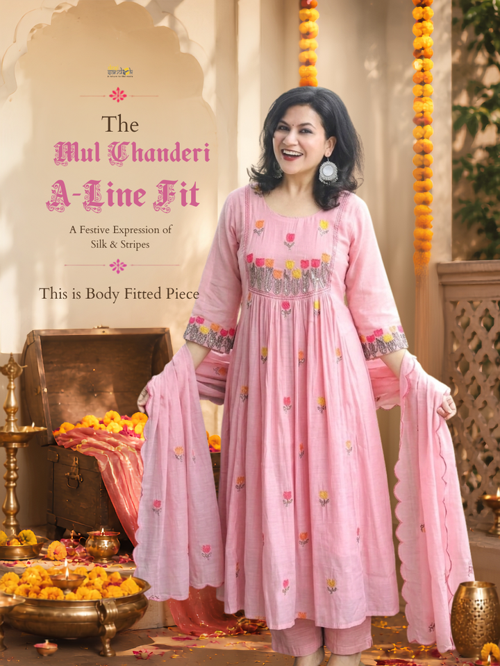 Malika Petal Pink Embroidered Mul Chanderi Set