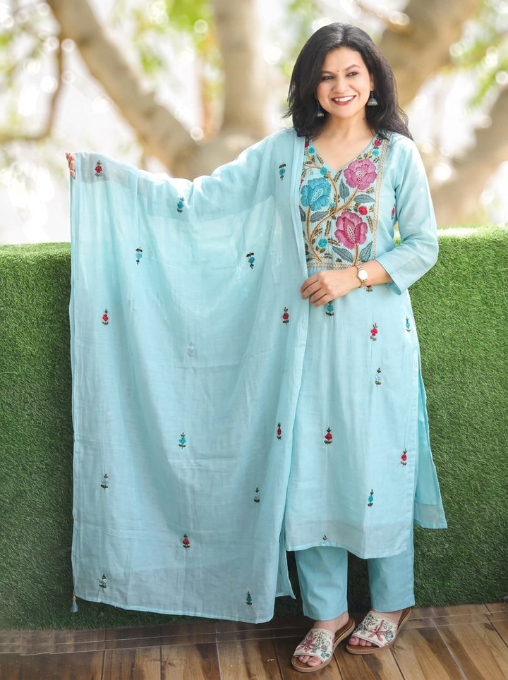 Navira Powder Blue Kolkata Hand Embroidered 3 Piece Set