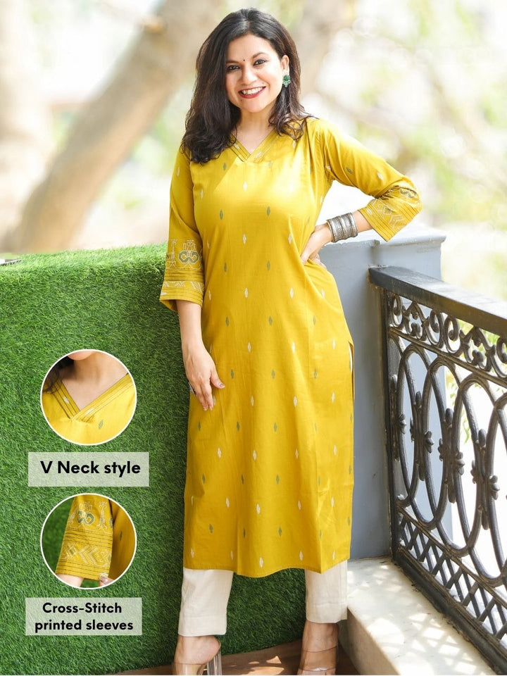 Pankhudi Dandelion Yellow V Neck Printed Work Cotton Kurti