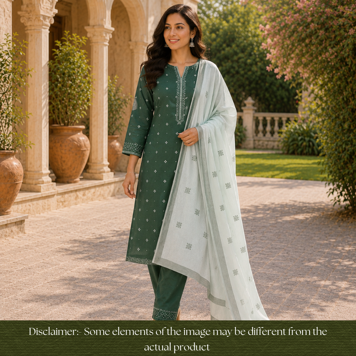 Madhubala Green with All Over Thread Weaved Handloom Cotton Set