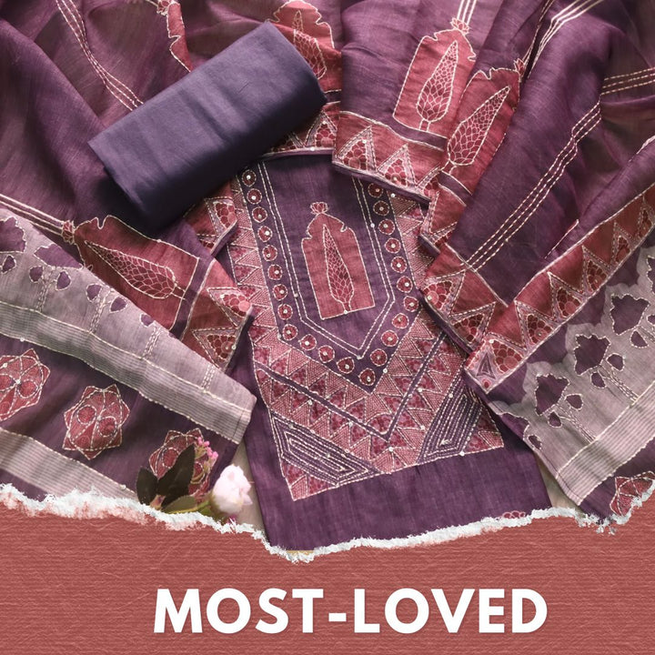 Ibadat Mulberry Dark Blue Kantha Neck Work Chanderi Suit Set