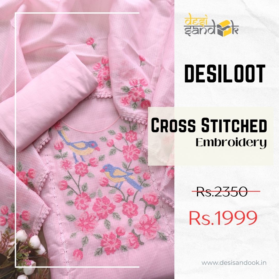 Subhangi Pink Cross-Stitch Bird Embroidered Neck Kota Doriya Suit Se