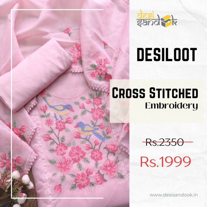 Subhangi Pink Cross-Stitch Bird Embroidered Neck Kota Doriya Suit Se