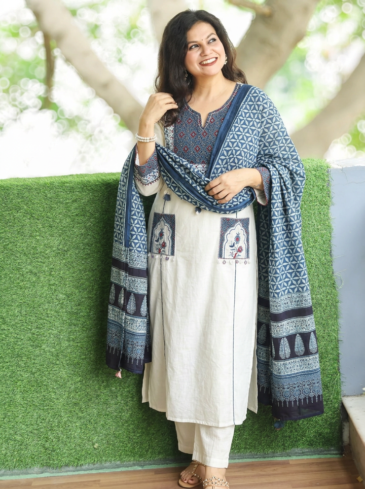 Vaidehi White Embroidered Panel Style Cotton 3 Piece Set