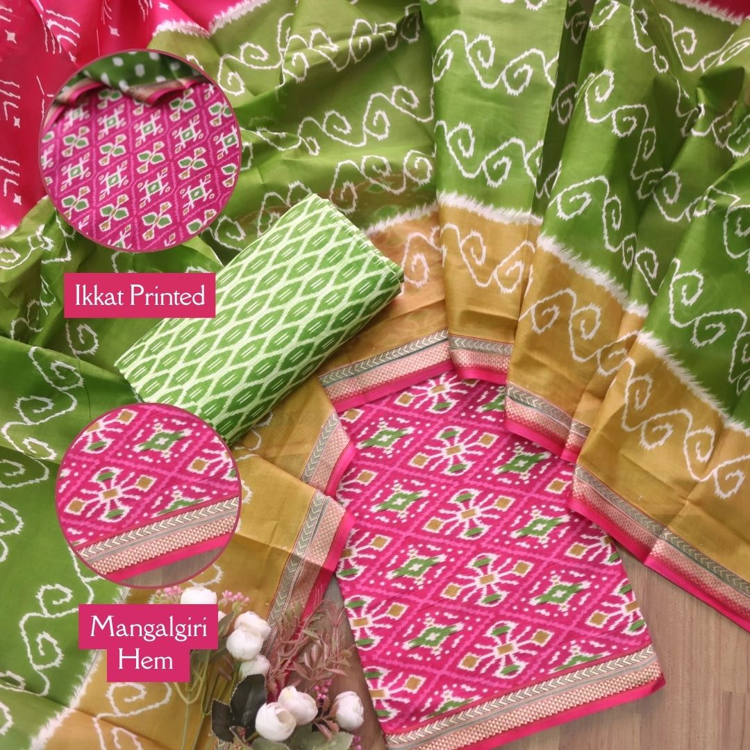Kaasvi Bright Pink Ikkat Printed Mangalgiri Hem Work Cotton Suit Set