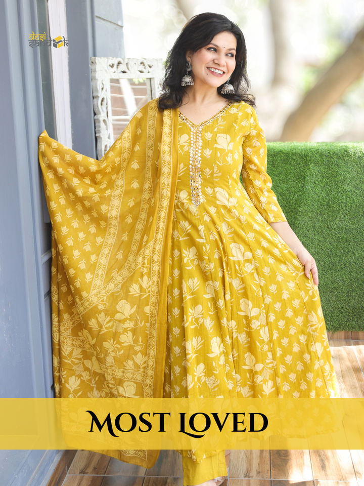 Bella Mustard Yellow Patra Mul Cotton 3 Piece Set