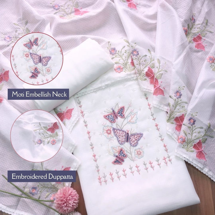 Ranjha Pearl White Moti Embellish Neck Work Kota Doriya Suit Set