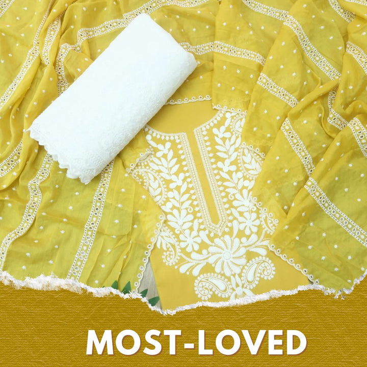 Nadaani Canary Yellow Chikankari inspired Neck Work Cotton Suit Set