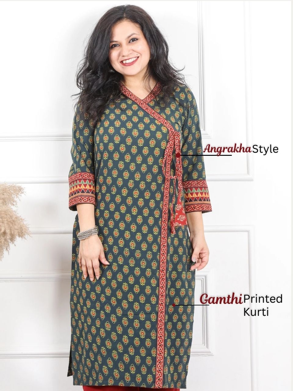 Shaayraana Sacramento Green Kutch Fusion Work Angrakha Style Cotton Kurti