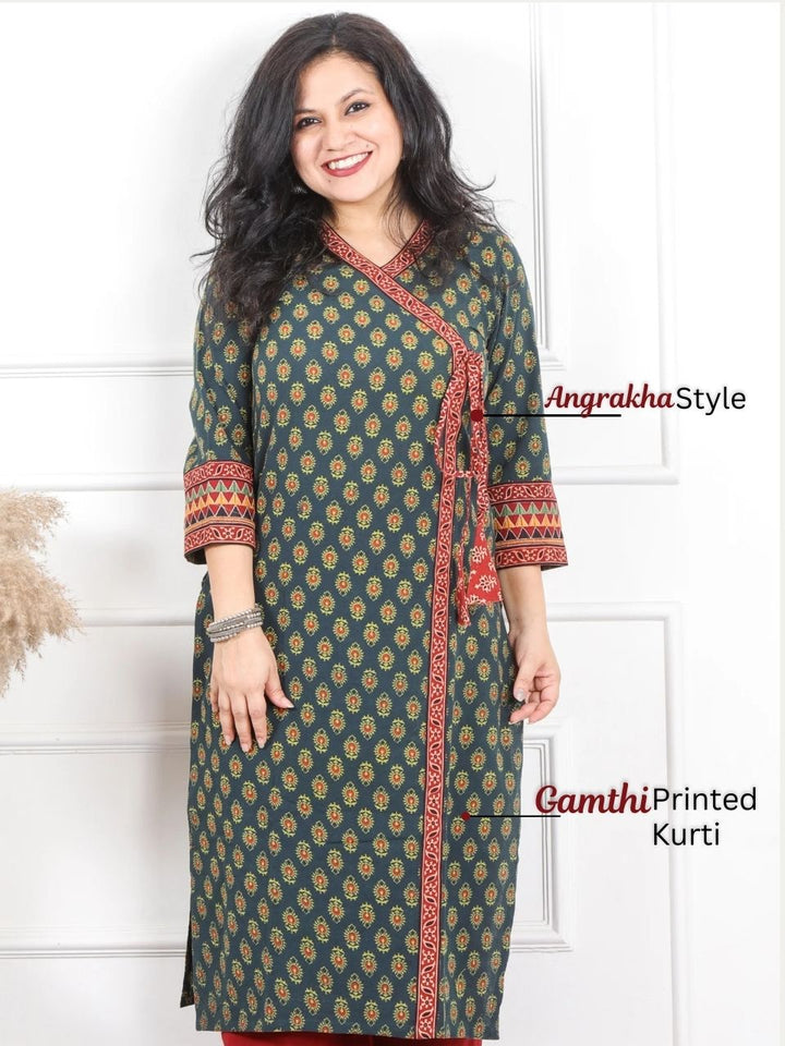 Shaayraana Sacramento Green Kutch Fusion Work Angrakha Style Cotton Kurti