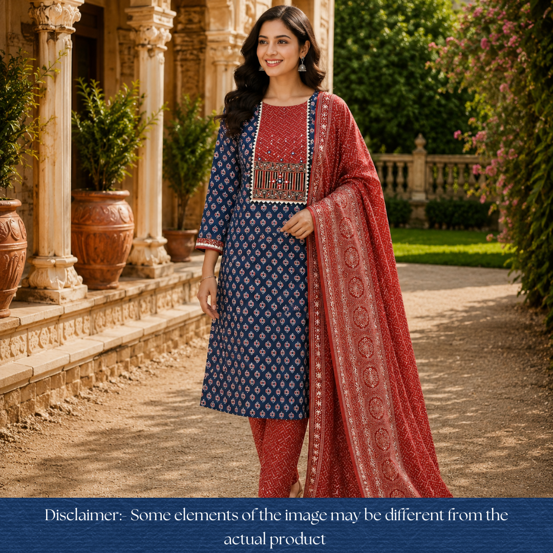 Saheli Denim Blue Kutch Mirror Yoke Lotus Print Cotton Set