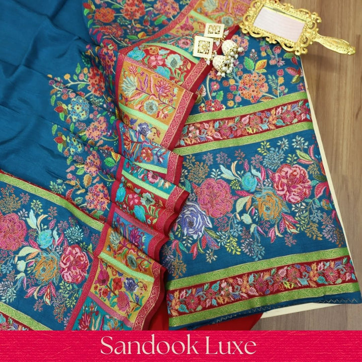 Saraayah Teal Luxe Pochampally Print in Pogishan Jacquard Weaved Gajji Silk Set