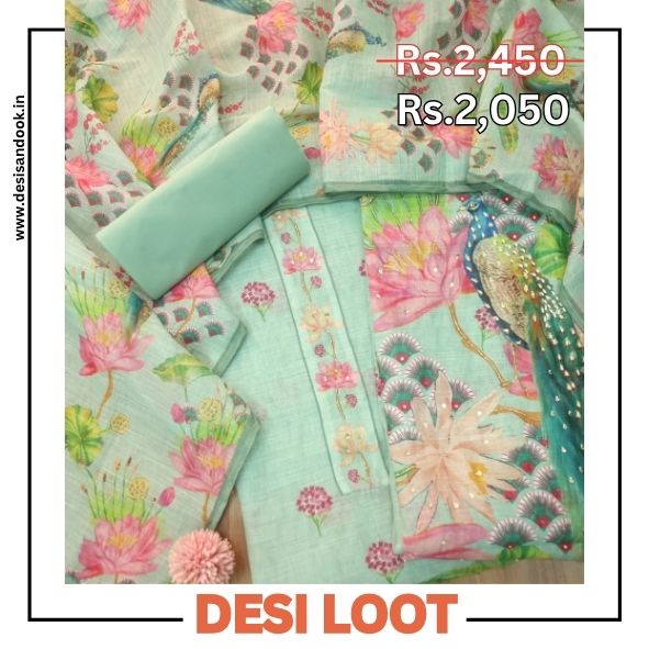 Dashtaan Sea Green Peacock with Floral Printed Kardana Work Cotton Linen Suit Set