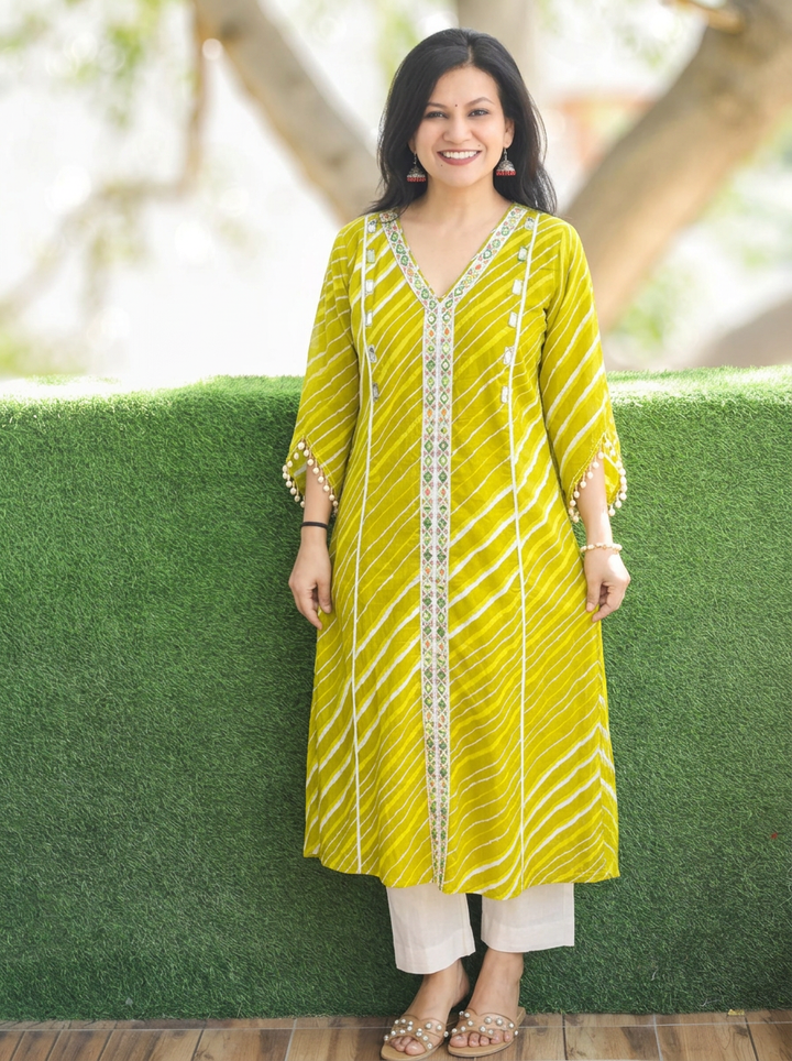 Leher Leaf Green Embroidered Lace Panel Leheriya Cotton Kurti