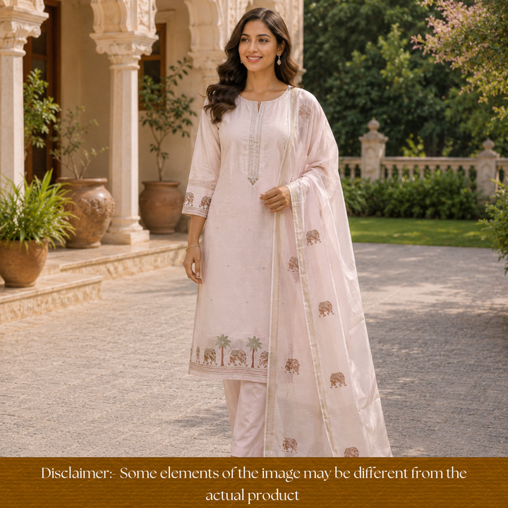 Ambarsari Skin Beige with Green Elephant Embroidered Work Linen Set