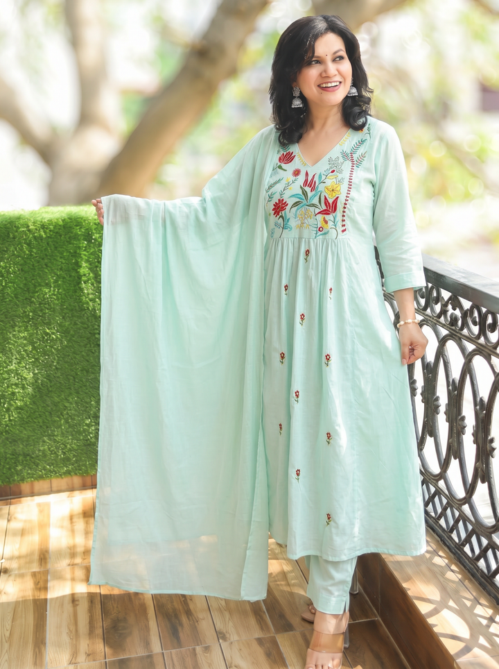Shiwangi Sea Form Green Embroidered Mul Cotton 3 Piece Set